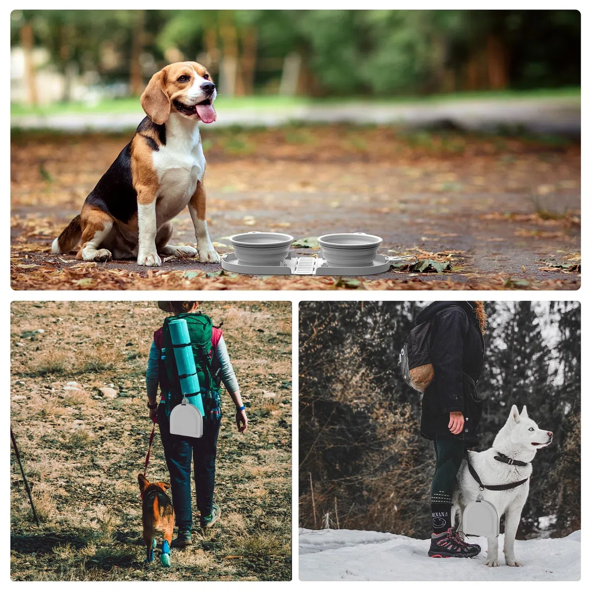 Comedero Plegable para Perros Cuencos para Perros Bol Portátil de Viaje con Mosquetón Apto para Uso en Interiores y Exteriores (Dos Cuencos, Gris)