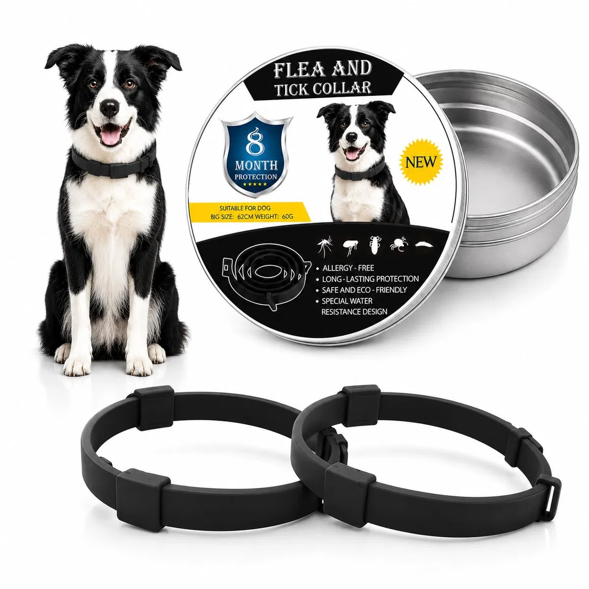 Collar Antiparasitario para Perros - Protección de Alta Eficacia contra Pulgas, Garrapatas y Mosquitos - Ajustable, Impermeable y de Larga Duración - Color Negro - Pack de 2