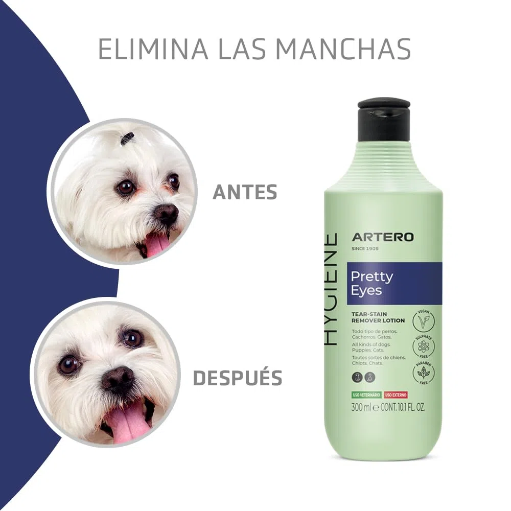 Artero Pretty Eyes. Limpiador ocular y zona lagrimal. Elimina manchas del lagrimal de perros y gatos. Limpiador Ojos Perros. Ingredientes Naturales. Higiene para perros y gatos.