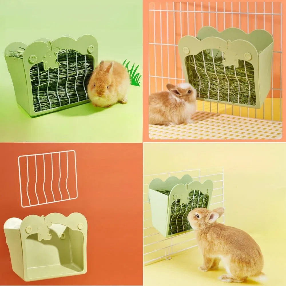 Comedero para conejo, porta heno para colgar para pequeños animales, conejos, conejos enanos, cobayas (verde)