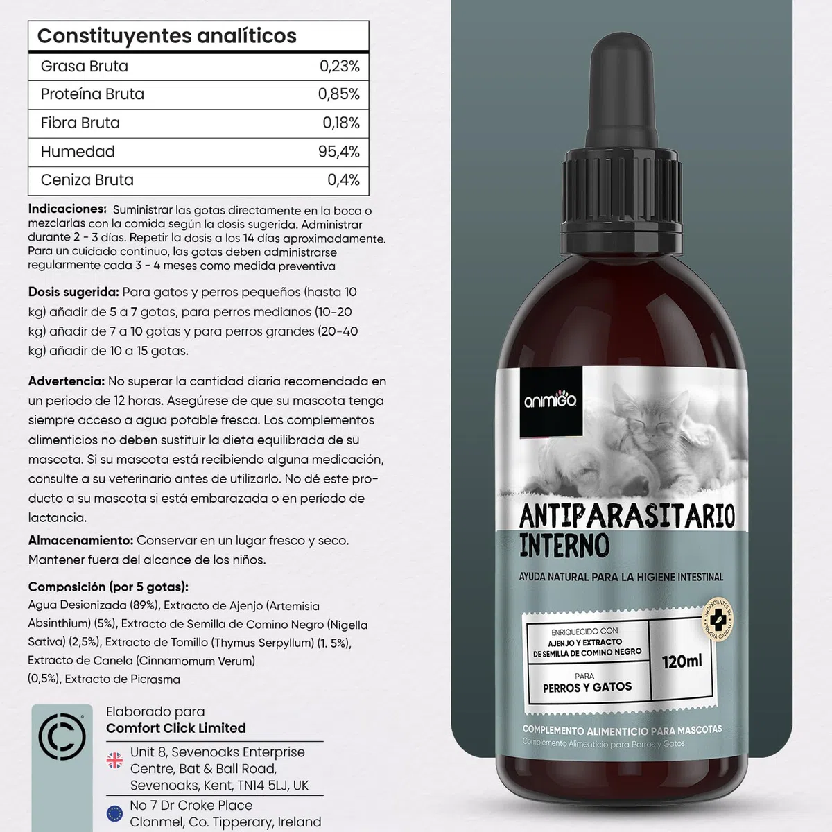 Desparasitante Perros y Gatos Interno 120 ml - Antiparasitario Intestinal Gatos en Gotas para Parásitos, Higiene Intestinal y Bienestar General - Antiparásitos Natural para 2 a 4 años de Suministro
