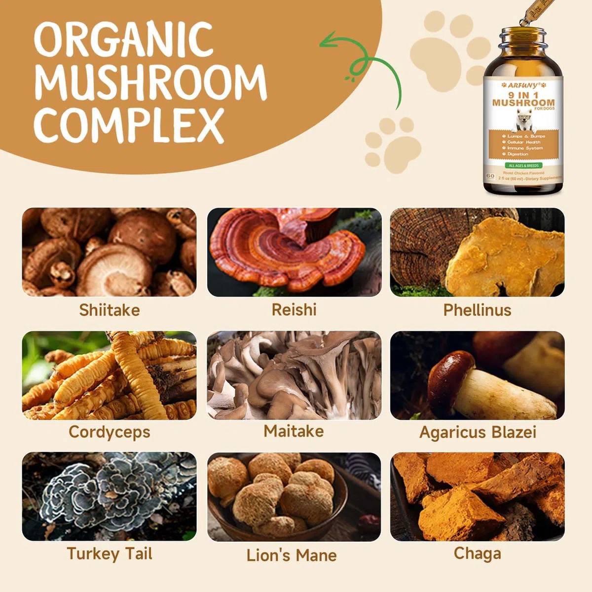9 en 1 Hongos para Perros - Suplemento de Hongos para Perros - Sistema digestivo, Piel, articulaciones, Sistema inmunológico - con 9 Hongos - Sabor a Pollo asado