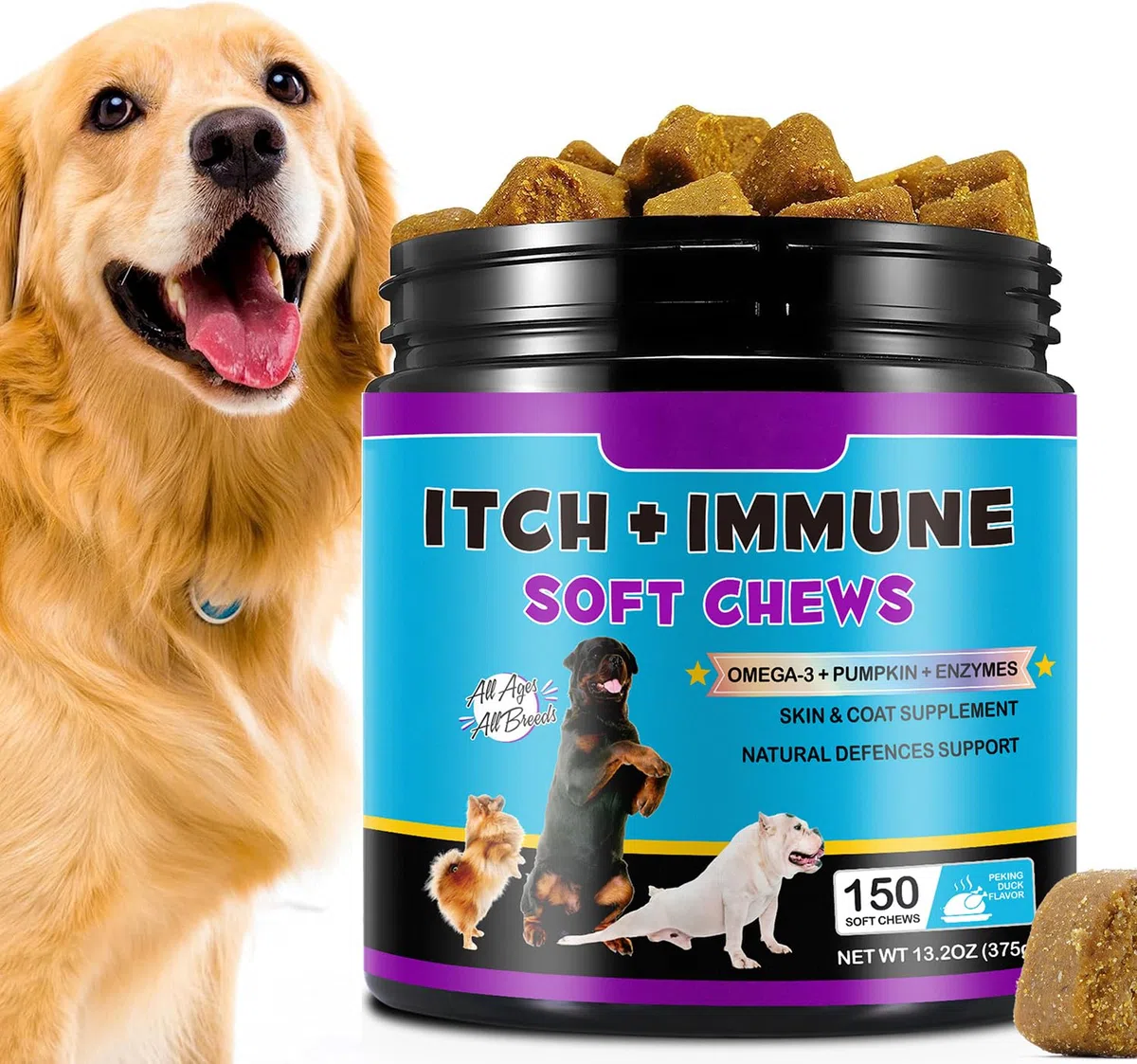 Bieyoc Masticables para Alivio de Alergias en Perros - 150 Golosinas | Detiene la Picazón, Enrojecimiento y Rascado | Soporte para la Piel y el Sistema Inmunológico | Sabor a Pato Pekinés