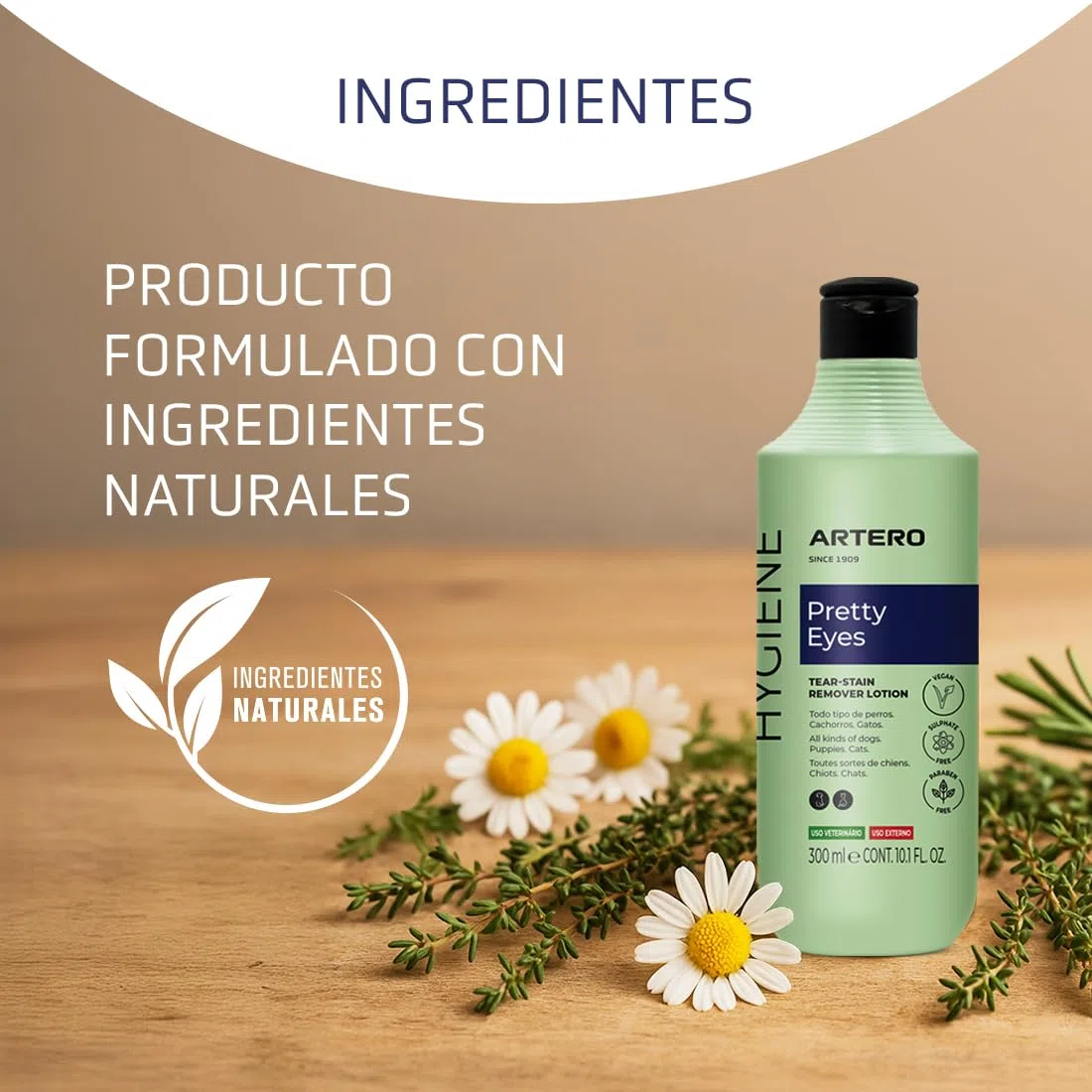 Artero Pretty Eyes. Limpiador ocular y zona lagrimal. Elimina manchas del lagrimal de perros y gatos. Limpiador Ojos Perros. Ingredientes Naturales. Higiene para perros y gatos.