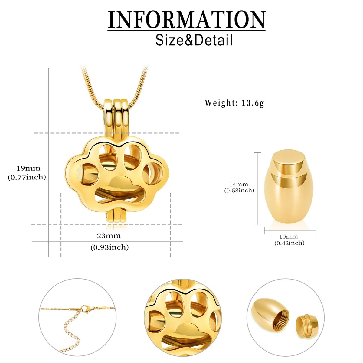 Joyería de cremación de mascotas para cenizas de perro gato pata Imprimir Memorial Locket Urna Collar con mini estuche Keepsake Cremación Joyería para Mujeres / Hombres collar de urna conmemorativa