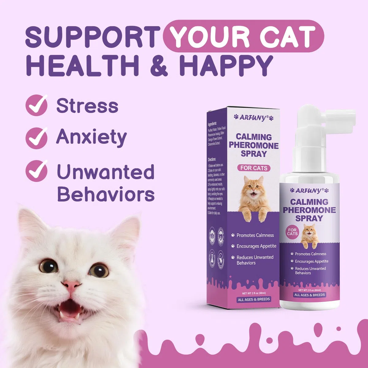 Spray calmante para gatos, ayuda a resolver problemas de comportamiento, estrés, ansiedad, para el hogar, viajes, aseo, con feromonas para gatos e ingredientes naturales