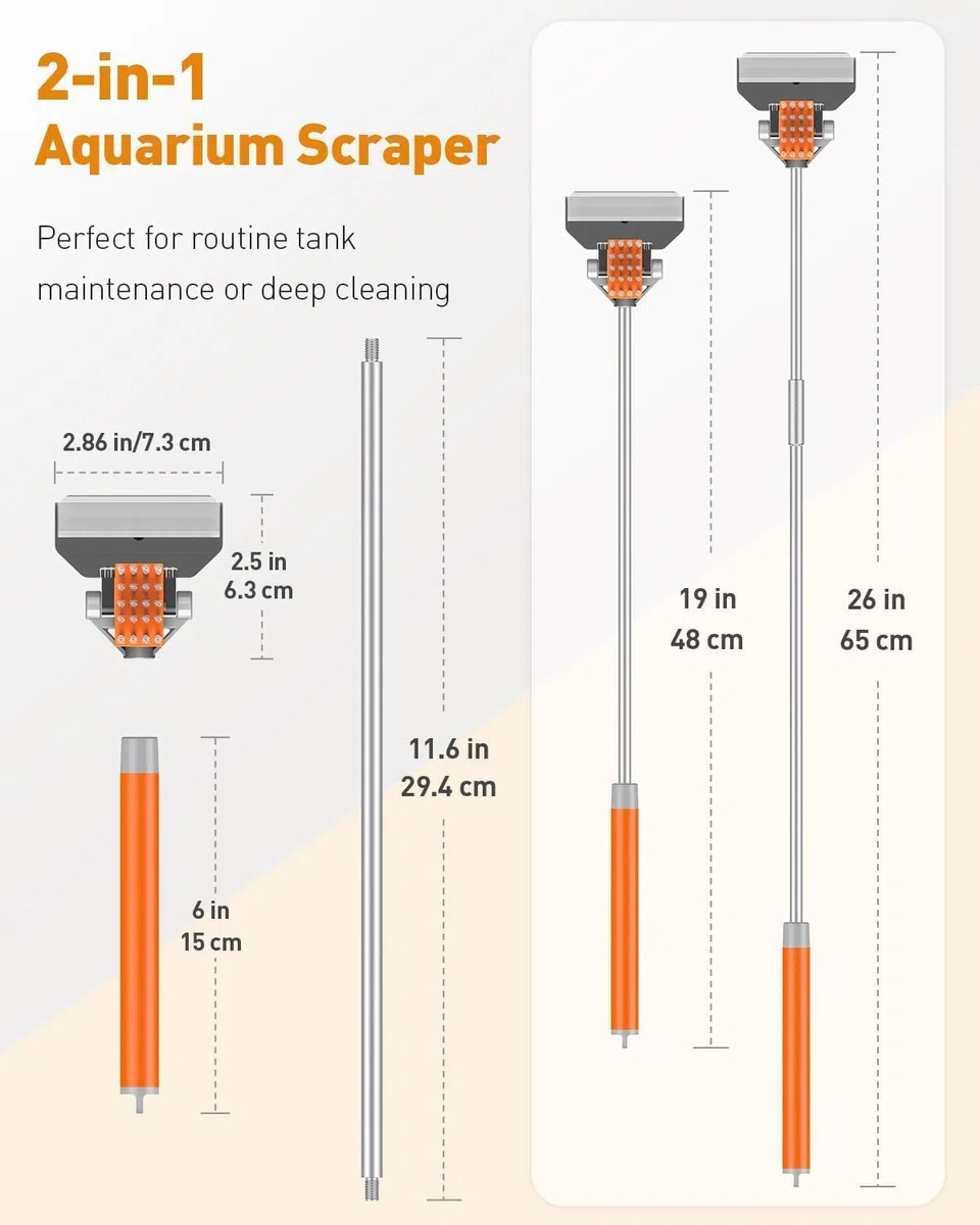 Pawfly Raspador de Algas 2 en 1 para Acuarios de Vidrio 65 cm Limpiador con Cepillo y 5 Cuchillas de Acero Inoxidable Herramienta de Limpieza para Acuarios Plantados y Arrecifes
