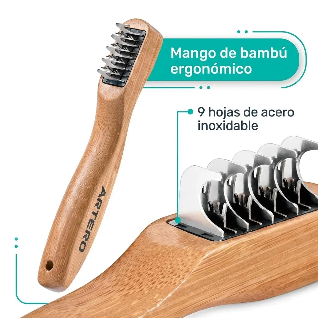 ARTERO Freddy Cortanudos para Perros y Gatos - Cuchilla Desenredante Profesional para Nudos y Enredos - Perro de Agua, Pelo Largo - 5 Hojas + 4 Hojas con Pinchos - Mango Madera Natural