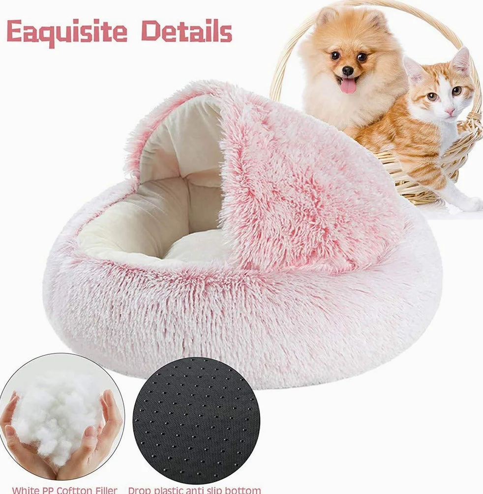 Cama de Gato mullida, Redonda, Suave Felpa, Cueva con Capucha, Cama para Gatos, para Invierno, cálida, cojín Antideslizante, Lavable a máquina, para Gatos y Cachorros, Gris /60 cm