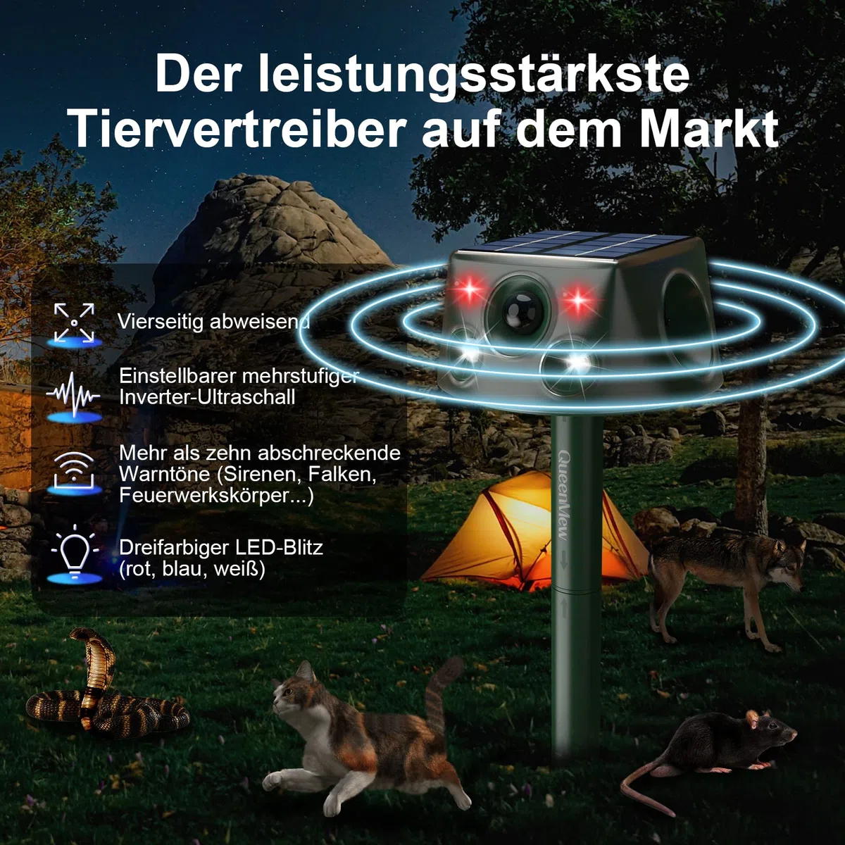 Repelente para Gatos, Ahuyentadores de Gatos Exterior Multifuncionales, Repelente Gatos Jardin Exterior, Solar Ultrasonido Repelente para Gatos con Sensores Infrarrojos y Flash LED y Sonidos de Alarma