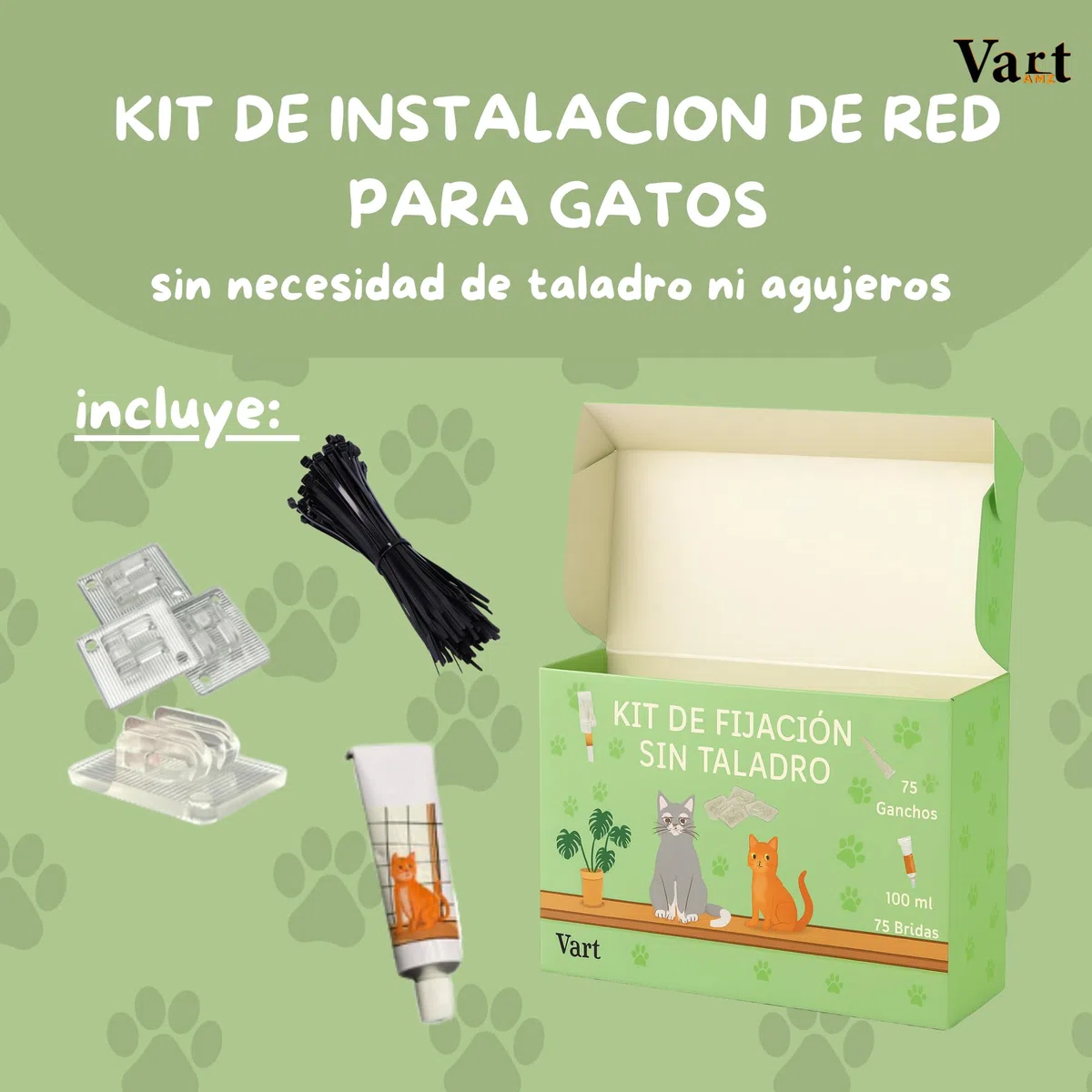 Kit de Fijación sin Taladro para Red Gatos Terraza | Pack 75 Ganchos + 80ml Adhesivo + 75 Bridas | Red para Gatos Terraza | Ganchos Red Gatos Extra Fuertes Anti UV
