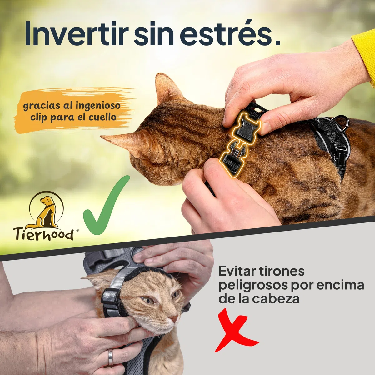 Tierhood Arnes para gatos - Arnes gatos antiescape - Correa con arnes para gatos pequeños y grandes - Arnés para gatos ajustable con correa de 1,4m - Arnés para gatos activos - Negro, Talla S