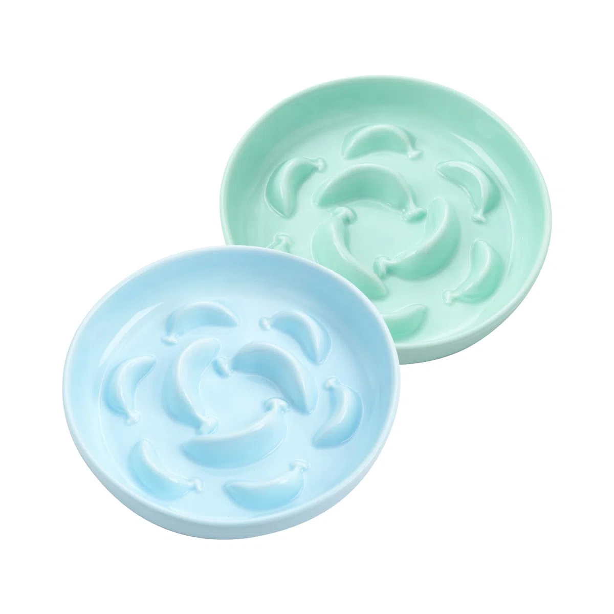 Comedero antivoracidad para Gato - Juego de 2 Cuencos de cerámica en Colores Pastel (Azul y Verde) - Platos de alimentación Lenta - Aptos para lavavajillas y microondas