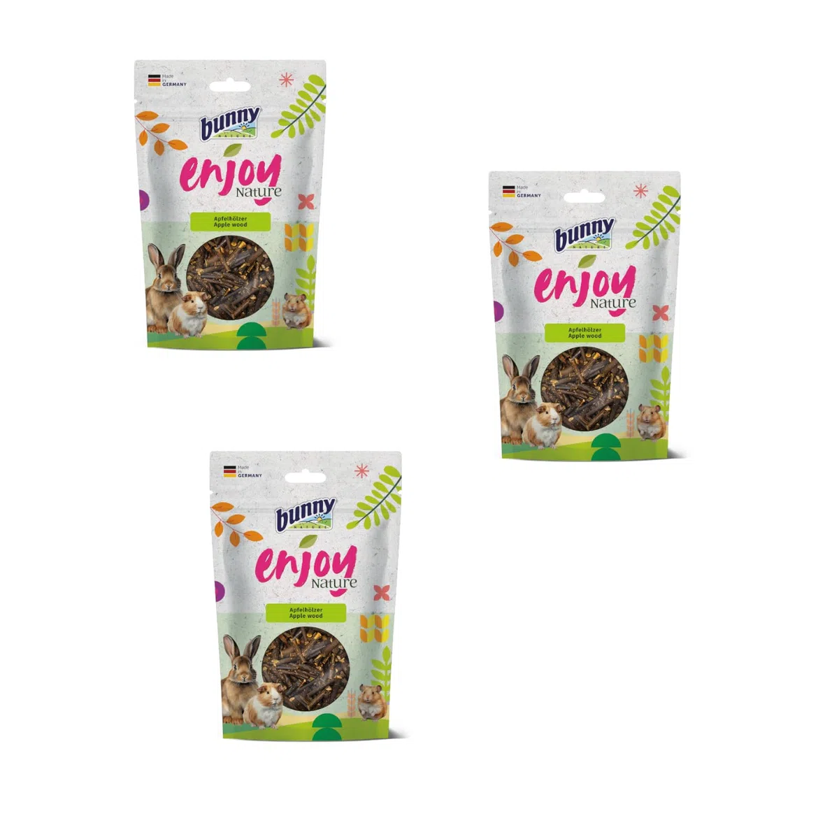 Bunny EnjoyNature Maderas de manzana, paquete de 3, 3 x 100 g, alimento individual para conejos y otros roedores, opción de aperitivo natural para conejos y roedores, sin azúcar