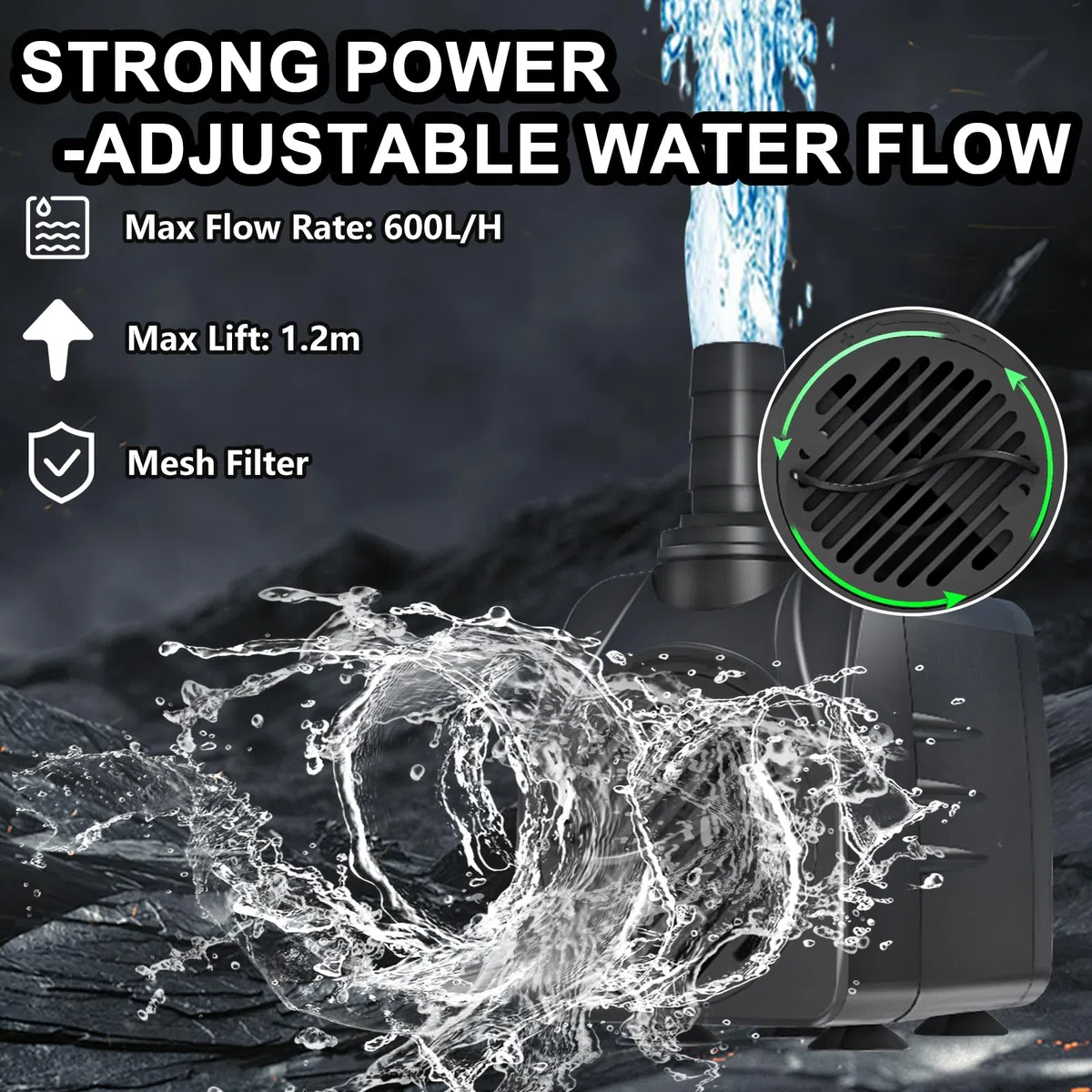 Bomba de Agua Sumergible 10W 600L/H, Cable Súper Largo de 3m, Protección contra Sobrecalentamiento, Ultra Silenciosa para Acuarios, Estanques, Pecera, Jardín, Hidroponía y Fuentes (Negro)
