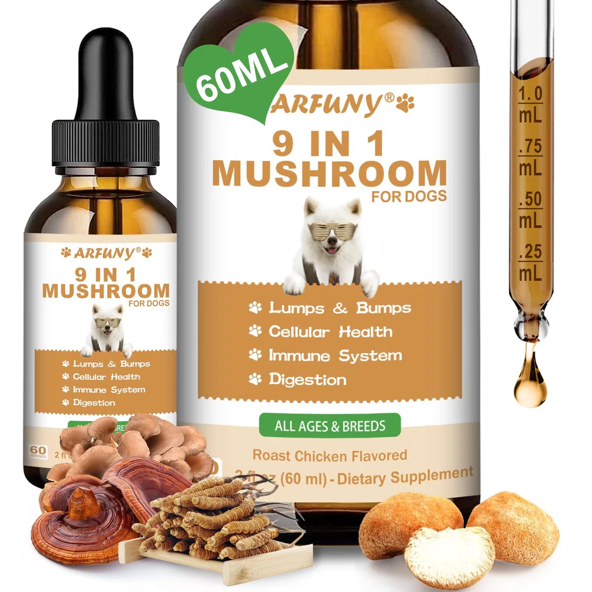 9 en 1 Hongos para Perros - Suplemento de Hongos para Perros - Sistema digestivo, Piel, articulaciones, Sistema inmunológico - con 9 Hongos - Sabor a Pollo asado