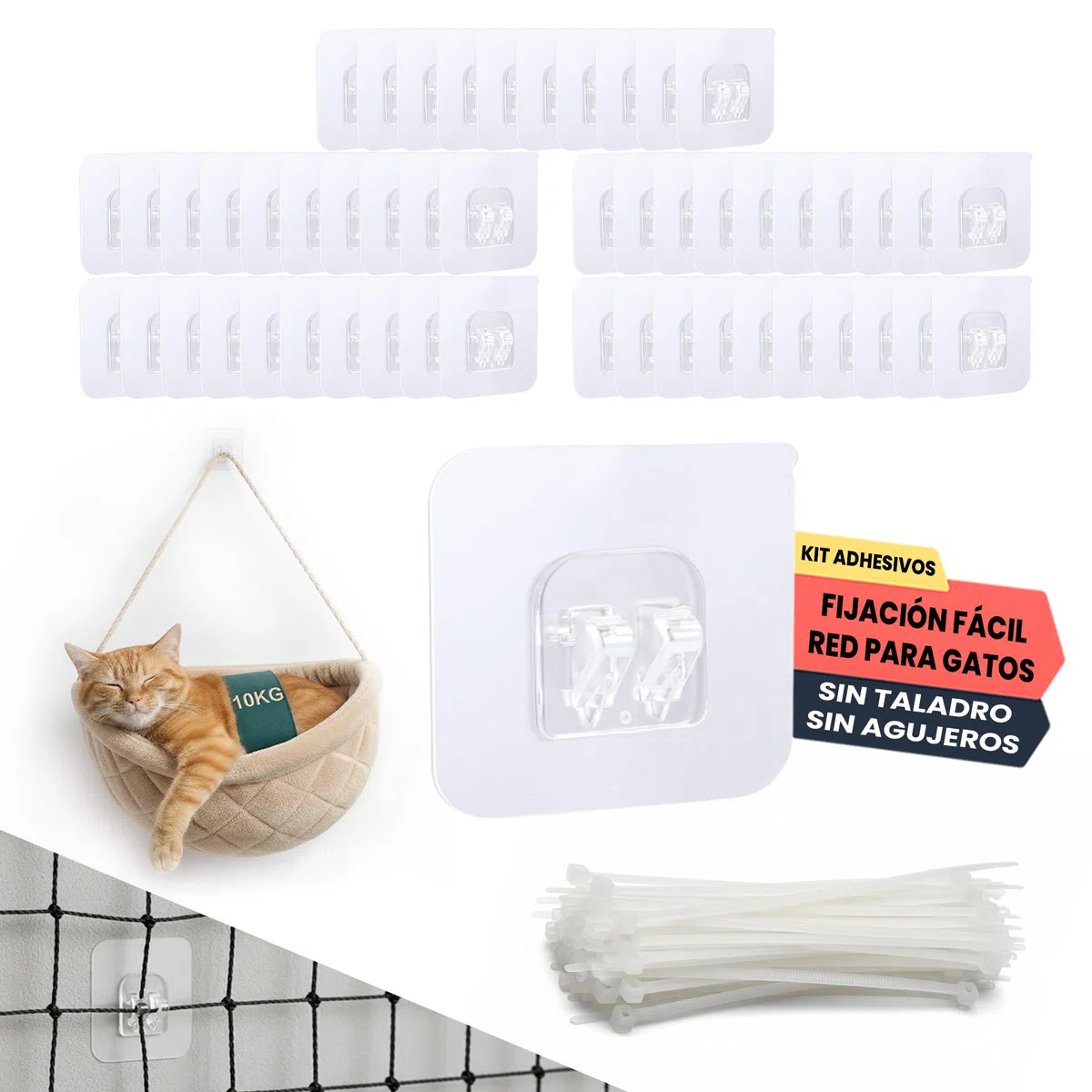 Kit De Fijacion Red Para Gatos Exterior 50 Unidades Ganchos Adhesivos Y Bridas Sin Taladro Impermeables Instalacion Rapida Y Segura En Cualquier Superficie Para Balcon Terraza Ventana Resistente