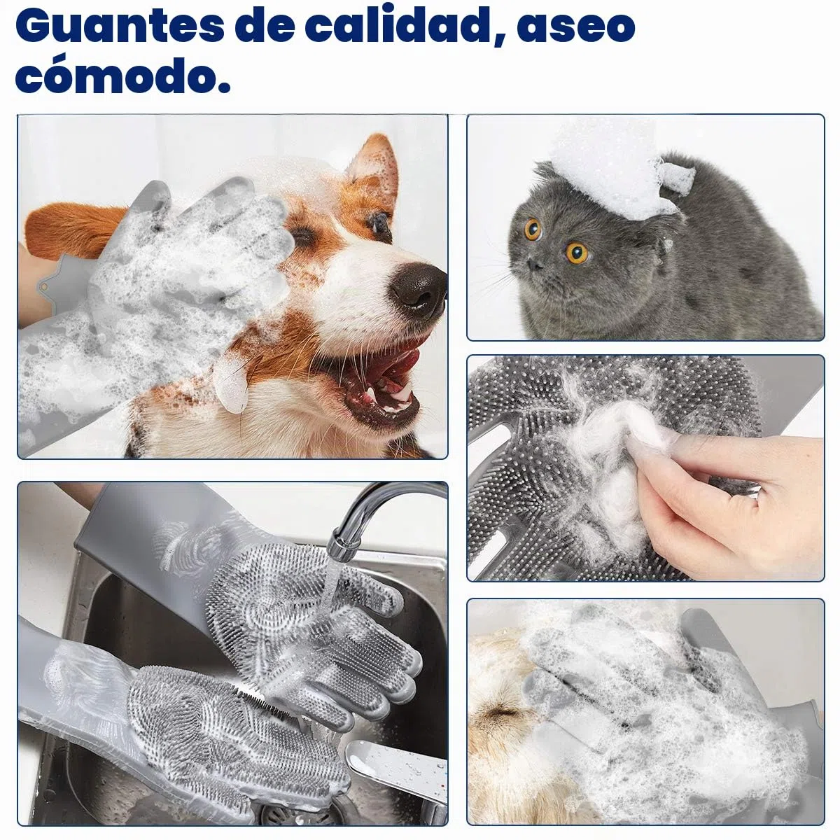 VavoPaw - Guantes de aseo para mascotas suaves y mágicos, guantes de baño para perros y gatos, con piel larga y corta, guantes de champú para baño, color gris