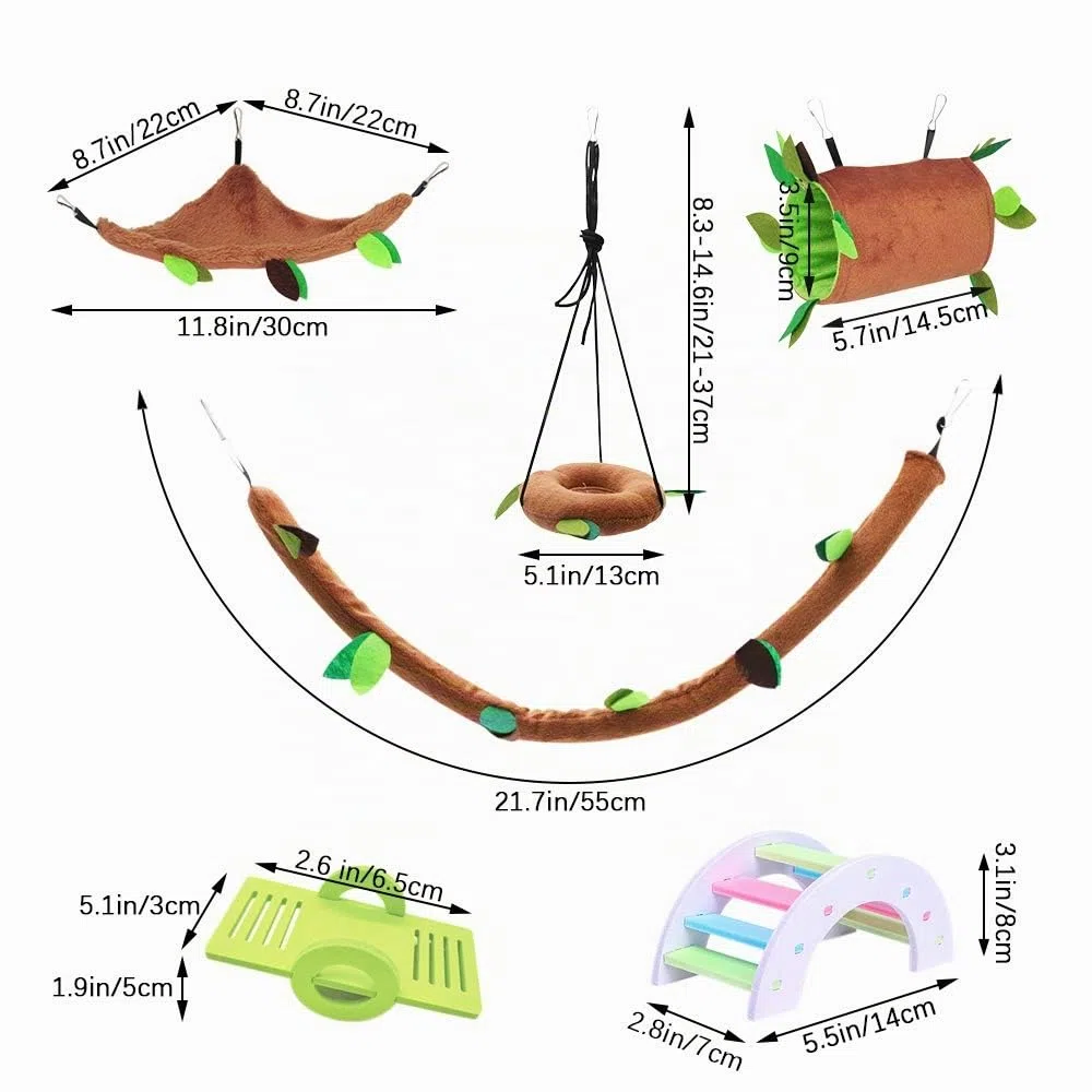 LZYMSZ 7PCS Hamaca de Hámster Hurón, Animales Pequeños que Cuelgan Cálida Cama Casa Jaula Nido con Túnel Colgante, Columpio, Teleférico, Puente de Arco, Balancín para Rata Loro Ardilla Jugando