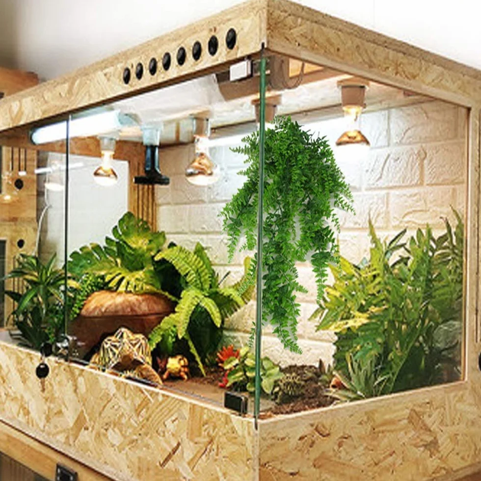 PINVNBY Plantas colgantes artificiales para tanque de reptiles, decoración de hábitat, terrario trepador, planta con ventosa para dragones barbudos, lagartos, gecos, serpientes, mascotas, cangrejo