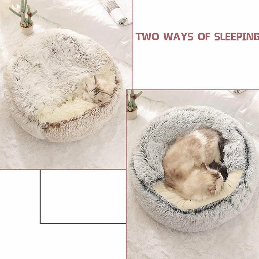 Cama de Gato mullida, Redonda, Suave Felpa, Cueva con Capucha, Cama para Gatos, para Invierno, cálida, cojín Antideslizante, Lavable a máquina, para Gatos y Cachorros, Gris /60 cm