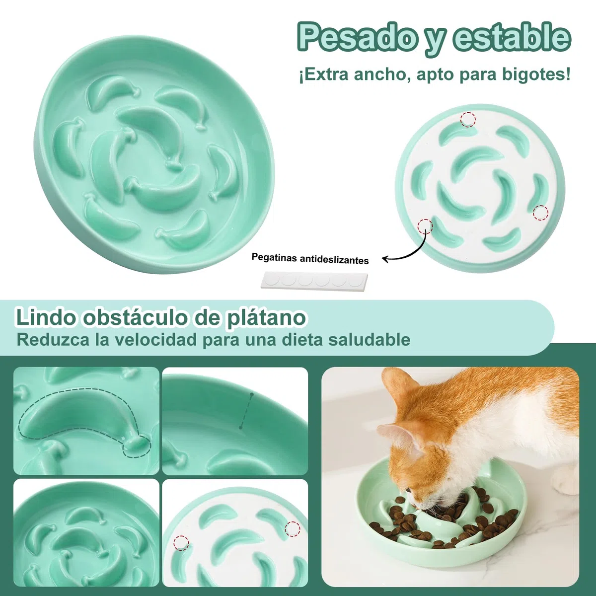 Comedero antivoracidad para Gato - Juego de 2 Cuencos de cerámica en Colores Pastel (Azul y Verde) - Platos de alimentación Lenta - Aptos para lavavajillas y microondas
