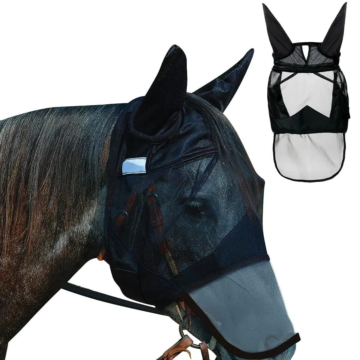 Mascara Antimoscas Caballo Hillylolly Mascara Mosca Caballo, Antimoscas Caballos, Respirable Mascara Caballo Moscas con Protección UV Protección con Orejas y Nariz-L-Full