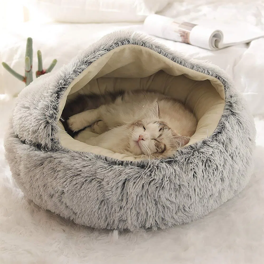 Cama de Gato mullida, Redonda, Suave Felpa, Cueva con Capucha, Cama para Gatos, para Invierno, cálida, cojín Antideslizante, Lavable a máquina, para Gatos y Cachorros, Gris /60 cm