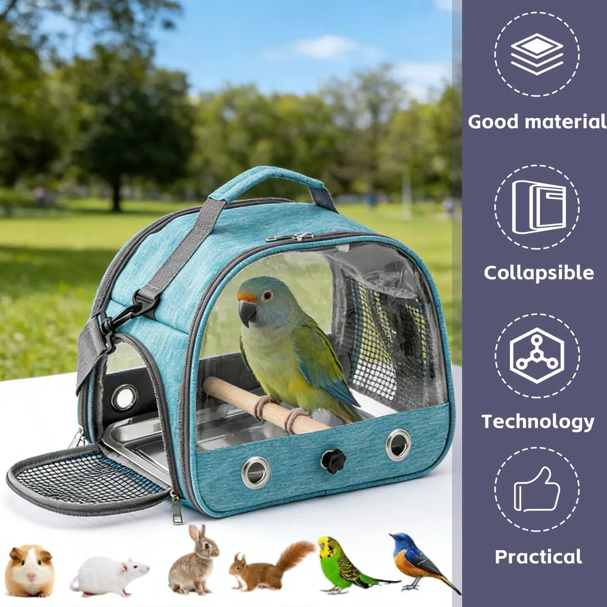 Bolsa de transporte para pájaros con bandeja de acero inoxidable y barra de pie, jaula de pájaros, caja de transporte para pájaros, bolsa de viaje para periquitos/pequeños animales, caja de transporte