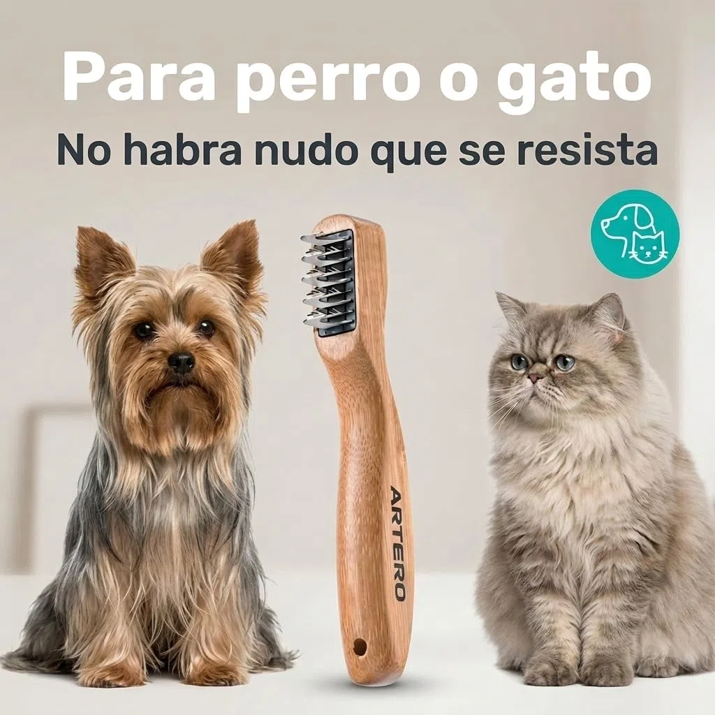 ARTERO Freddy Cortanudos para Perros y Gatos - Cuchilla Desenredante Profesional para Nudos y Enredos - Perro de Agua, Pelo Largo - 5 Hojas + 4 Hojas con Pinchos - Mango Madera Natural