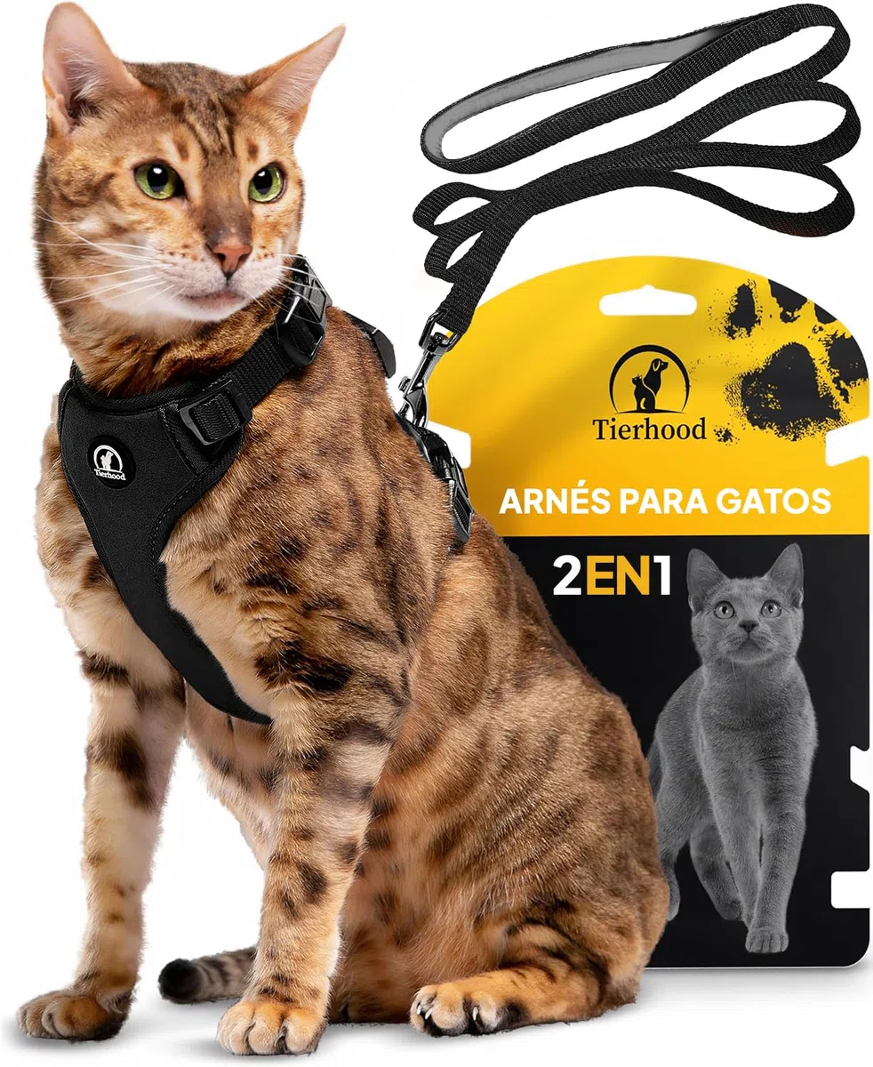 Tierhood Arnes para gatos - Arnes gatos antiescape - Correa con arnes para gatos pequeños y grandes - Arnés para gatos ajustable con correa de 1,4m - Arnés para gatos activos - Negro, Talla S