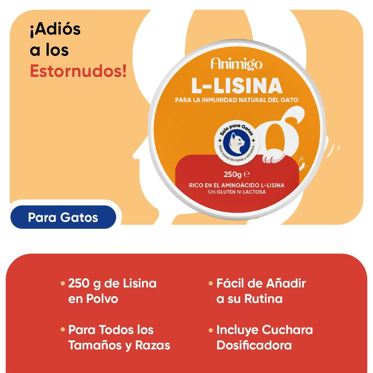 Lisina para Gatos en Polvo 250g, Con Cucharita, Para El Sistema Inmune, Las Defensas Naturales y La Función Respiratoria - Suplemento Natural de Aminoácidos Esenciales para Todas las Razas, Sin Gluten
