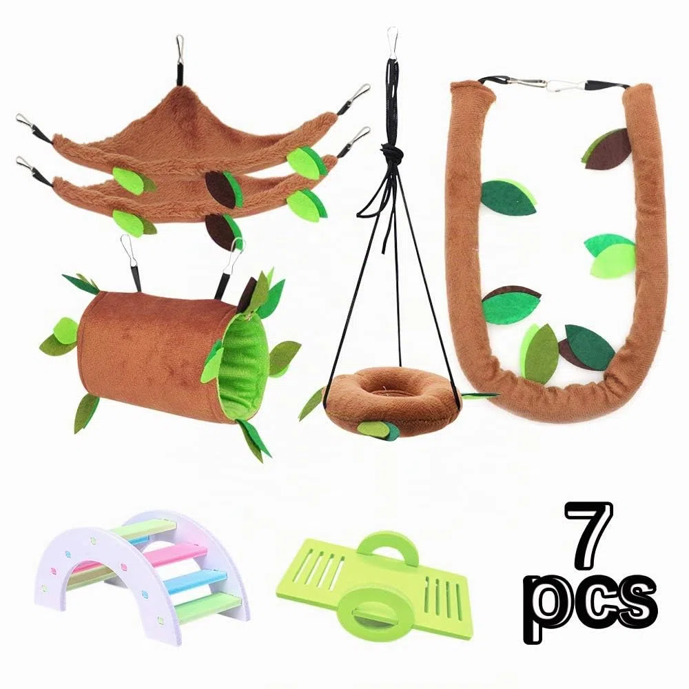 LZYMSZ 7PCS Hamaca de Hámster Hurón, Animales Pequeños que Cuelgan Cálida Cama Casa Jaula Nido con Túnel Colgante, Columpio, Teleférico, Puente de Arco, Balancín para Rata Loro Ardilla Jugando