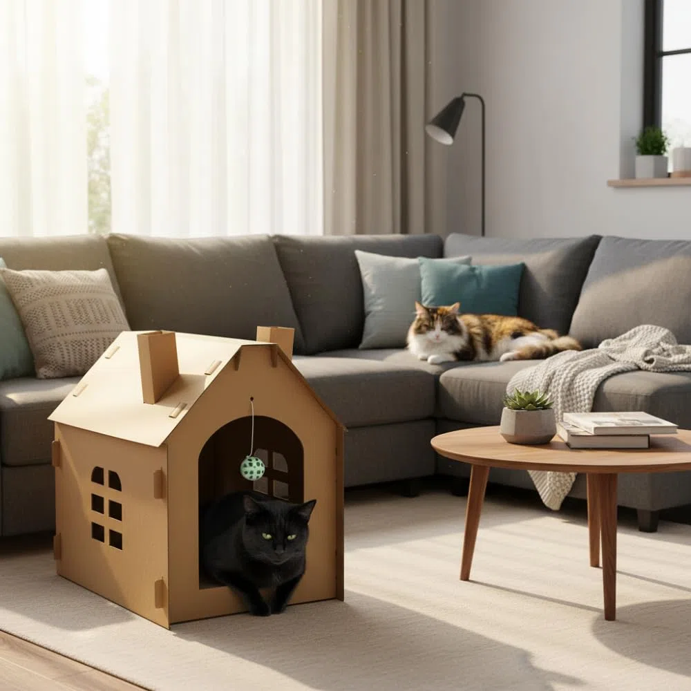 Casa de Carton para Gatos Refugio Rascador para Gato Desmontable Modelo Refugio de Cartón