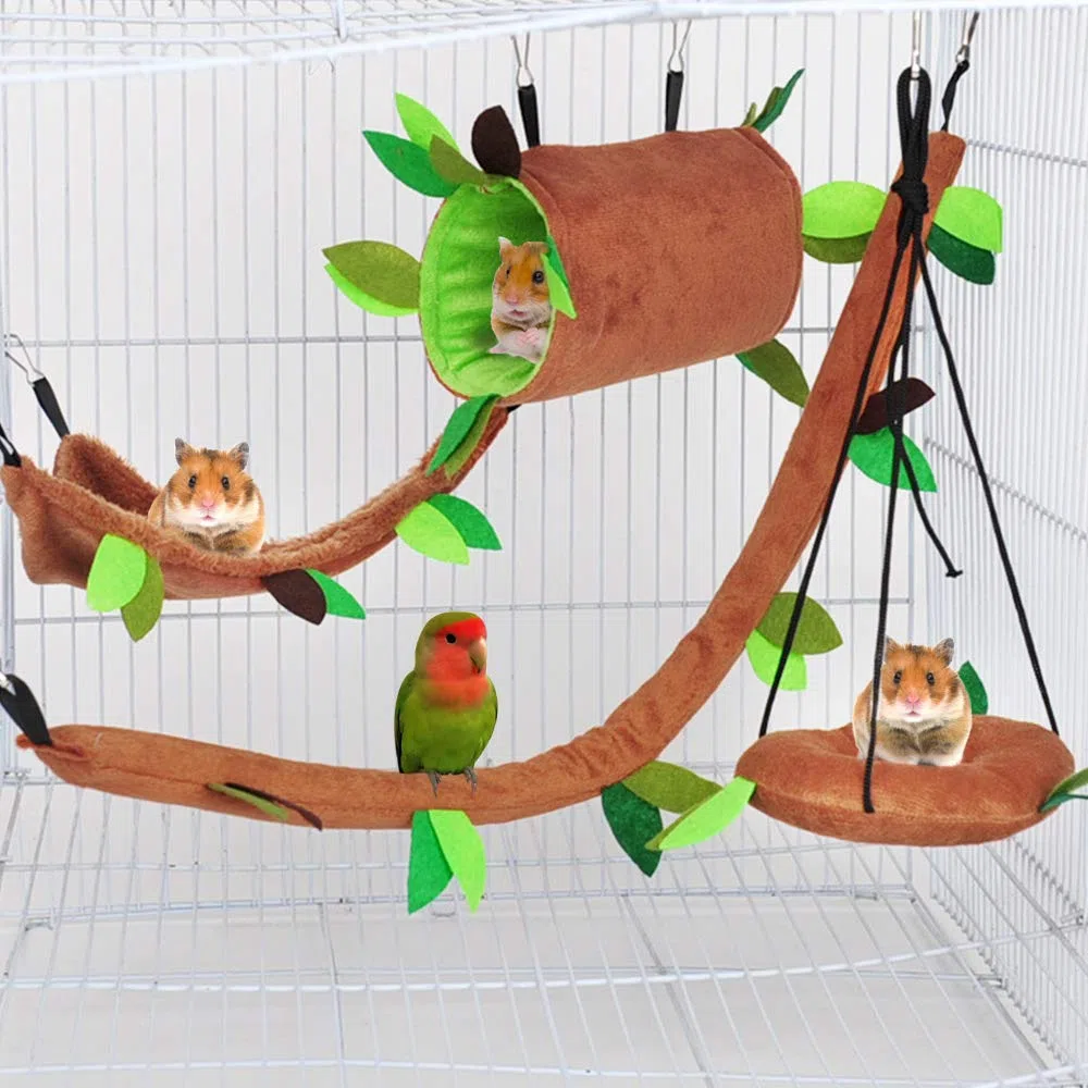 LZYMSZ 7PCS Hamaca de Hámster Hurón, Animales Pequeños que Cuelgan Cálida Cama Casa Jaula Nido con Túnel Colgante, Columpio, Teleférico, Puente de Arco, Balancín para Rata Loro Ardilla Jugando