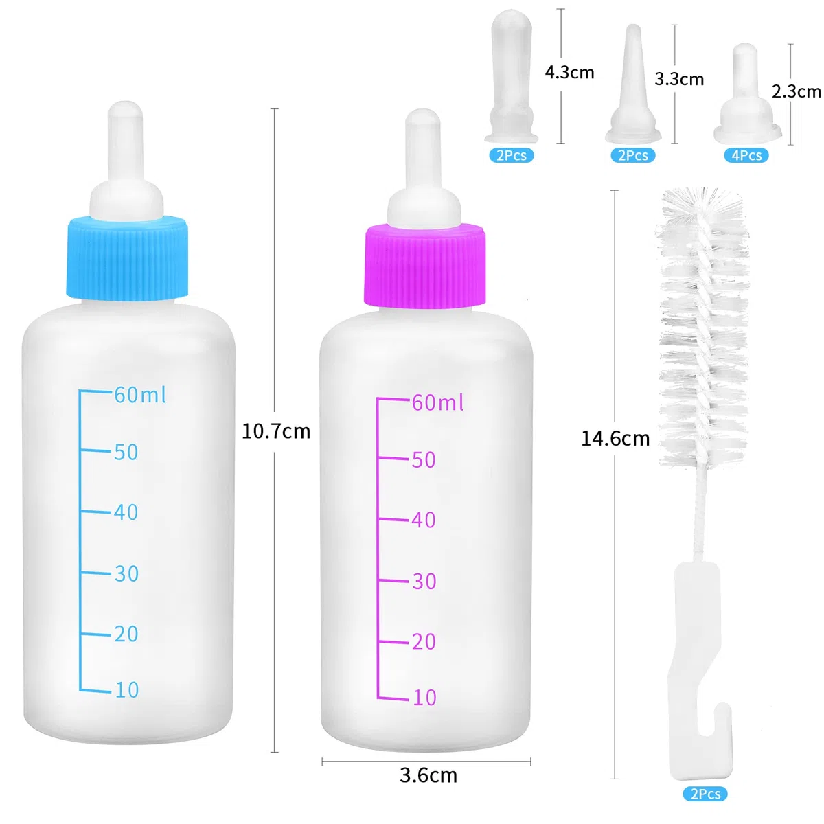 Kit de Biberón de Mascotas, Biberón Líquido para Gatos de Exprimir Kit de Tubos de Aguja y Mini Pezones de Repuesto para Gatito Perrito Herramienta de Alimentación para Mascotas Pequeñas - 60ml
