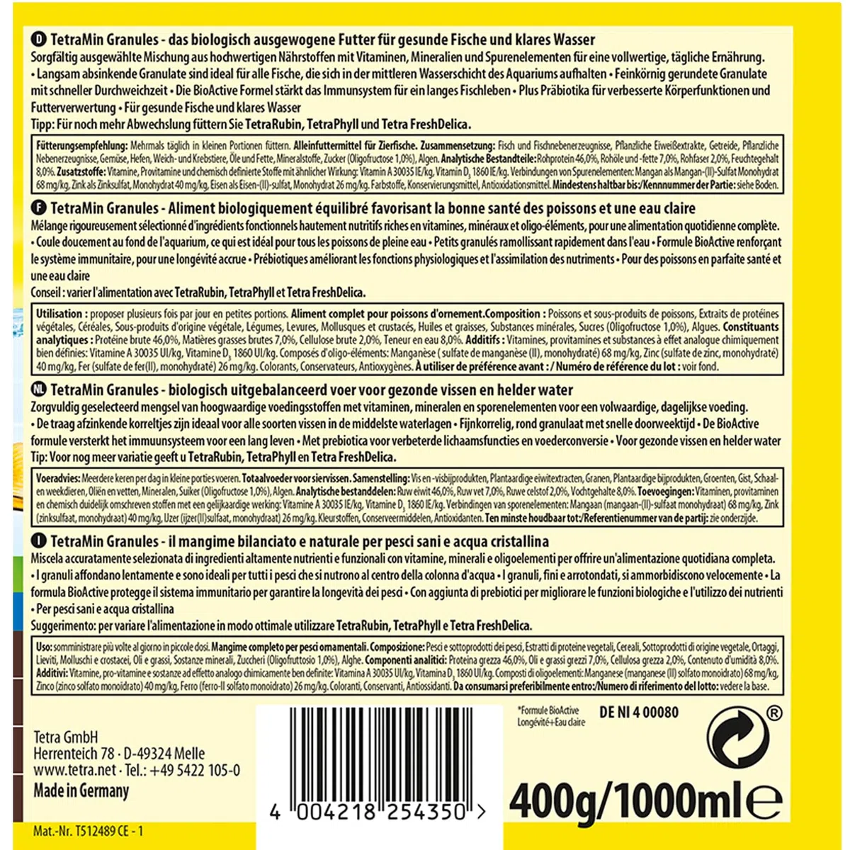 TetraMin Granules - alimento en forma de gránulos para todos los peces ornamentales , mezcla equilibrada para peces sanos y agua clara, lata de 1 l