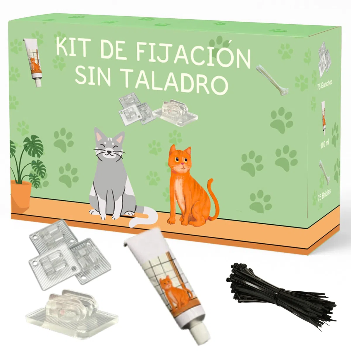 Kit de Fijación sin Taladro para Red Gatos Terraza | Pack 75 Ganchos + 80ml Adhesivo + 75 Bridas | Red para Gatos Terraza | Ganchos Red Gatos Extra Fuertes Anti UV