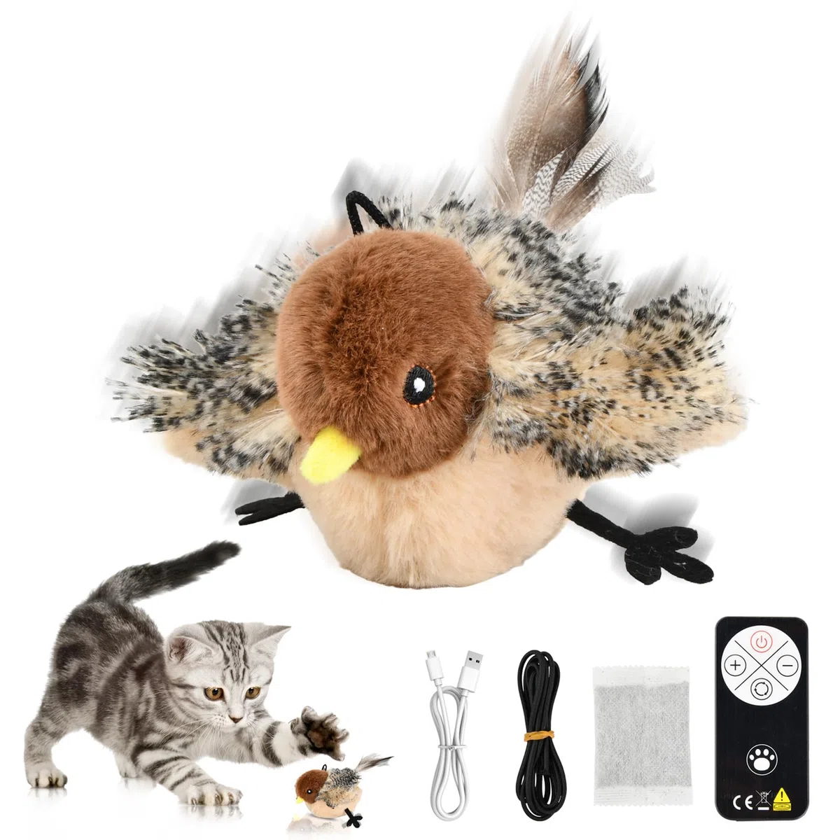 Juguete para Gatos Pajaro Volador con Hierba Gatera, Control Remoto, Juguete Interactivo para Gatos Catnip, Juguetes de Felpa para Gato, Recargable Juguetes para Gato en Movimiento