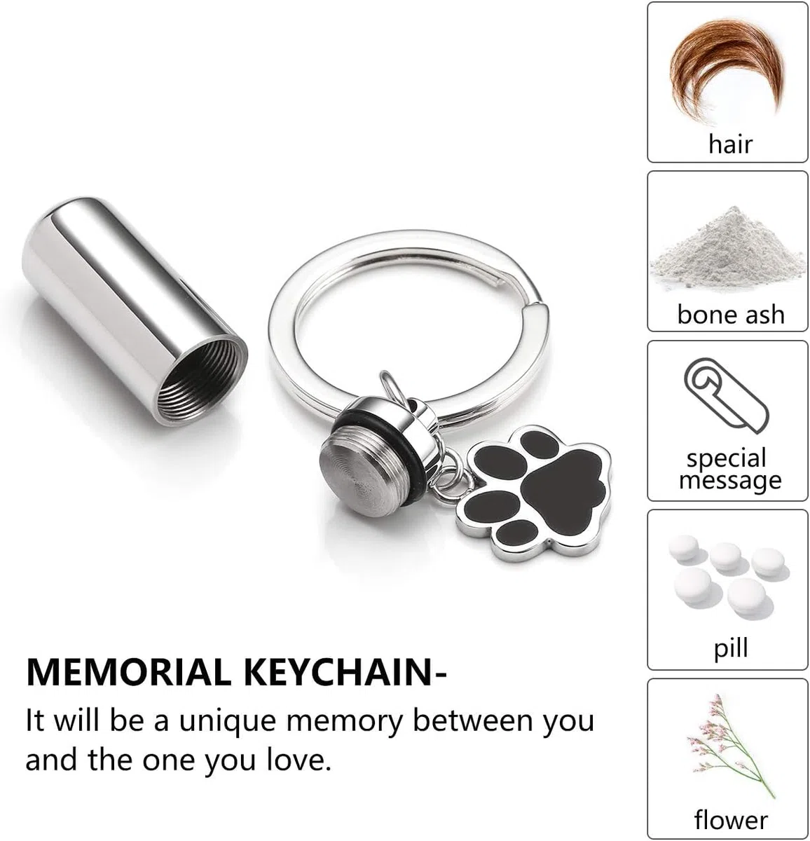 Pet Urn Keyring, Pet Paw Ashes Memorial Keychain, Cat Cremation Ashes Memorial Jewellery Animal Hair Dog Paw Keepsake Pendant