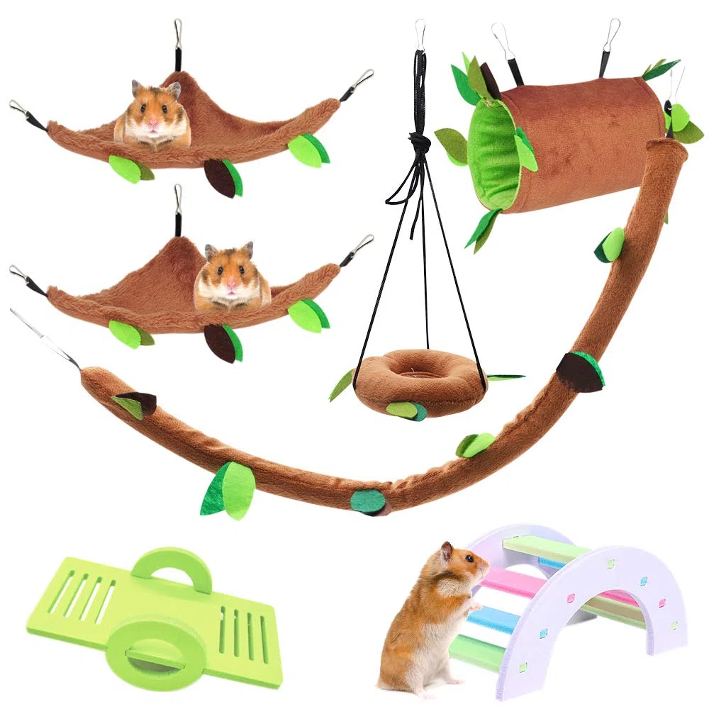 LZYMSZ 7PCS Hamaca de Hámster Hurón, Animales Pequeños que Cuelgan Cálida Cama Casa Jaula Nido con Túnel Colgante, Columpio, Teleférico, Puente de Arco, Balancín para Rata Loro Ardilla Jugando
