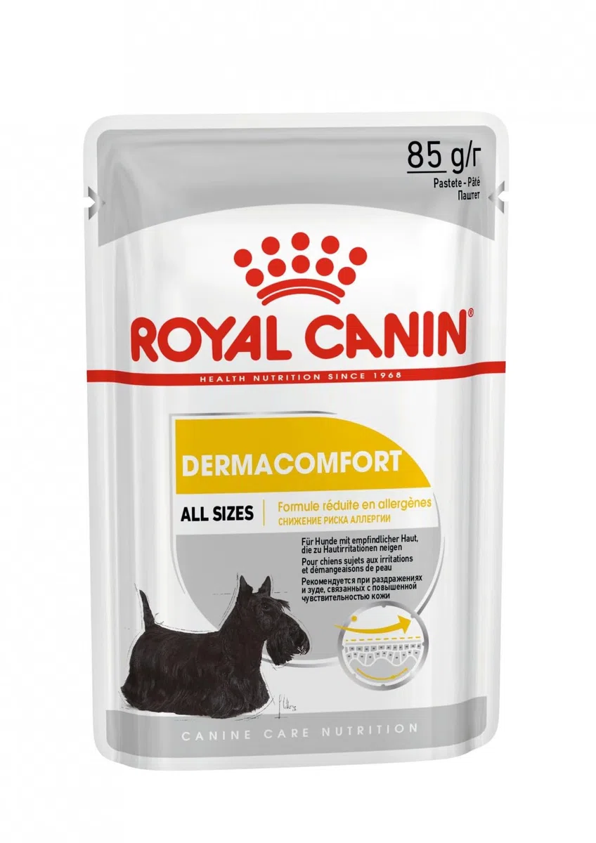 ROYAL CANIN DERMACOMFORT Mousse | 12 x 85 g | Comida húmeda para Perros Adultos a Partir de 10 Meses de Edad | para Pieles sensibles | con ácidos grasos Omega-3 y -6