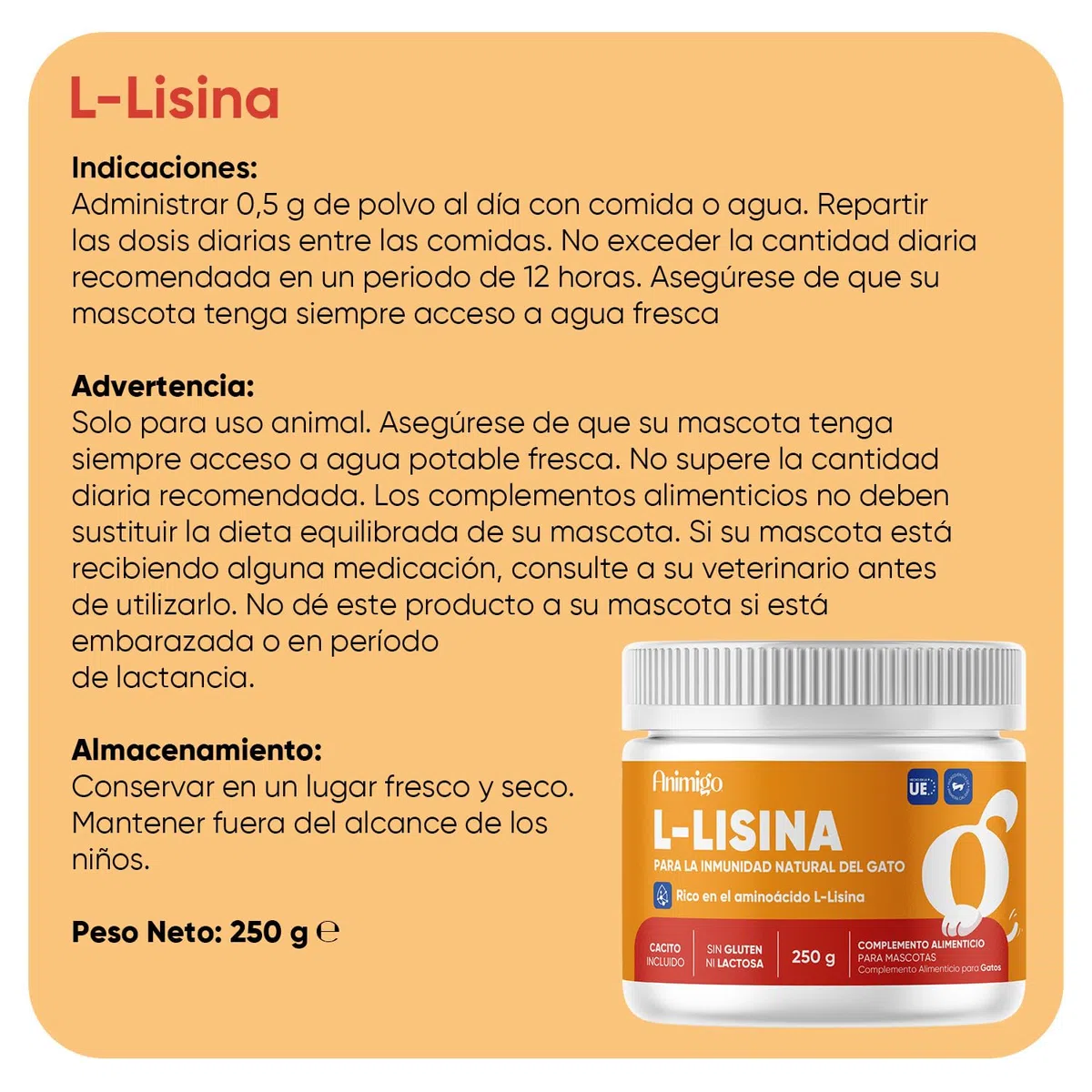 Lisina para Gatos en Polvo 250g, Con Cucharita, Para El Sistema Inmune, Las Defensas Naturales y La Función Respiratoria - Suplemento Natural de Aminoácidos Esenciales para Todas las Razas, Sin Gluten