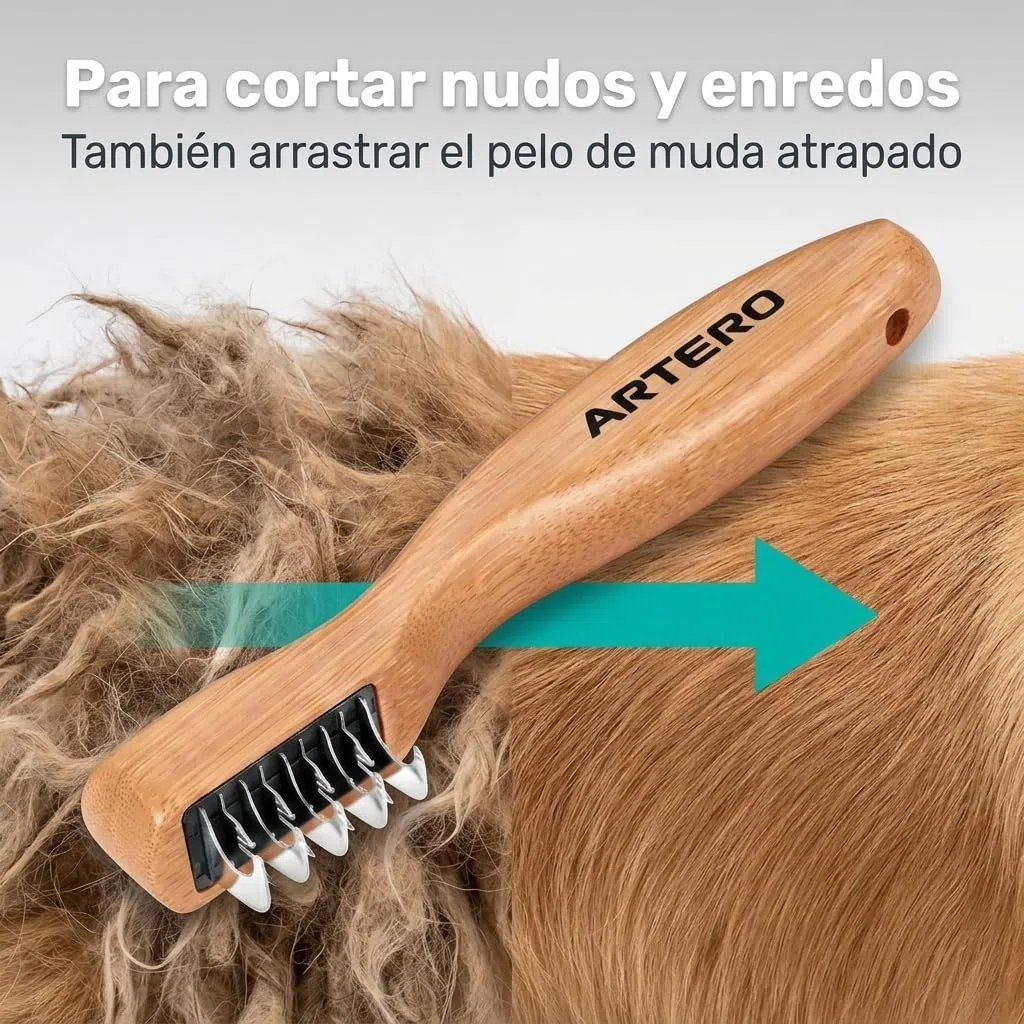 ARTERO Freddy Cortanudos para Perros y Gatos - Cuchilla Desenredante Profesional para Nudos y Enredos - Perro de Agua, Pelo Largo - 5 Hojas + 4 Hojas con Pinchos - Mango Madera Natural