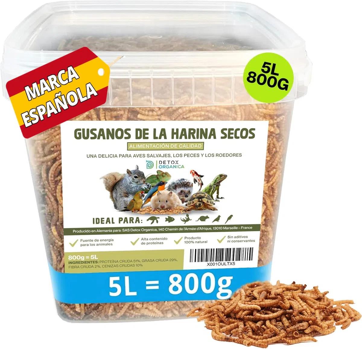 Detox Organica Gusanos de la Harina 800g – Gusanos de la Harina Deshidratados 5L – Gusanos para pájaros disecados – 100% Natural